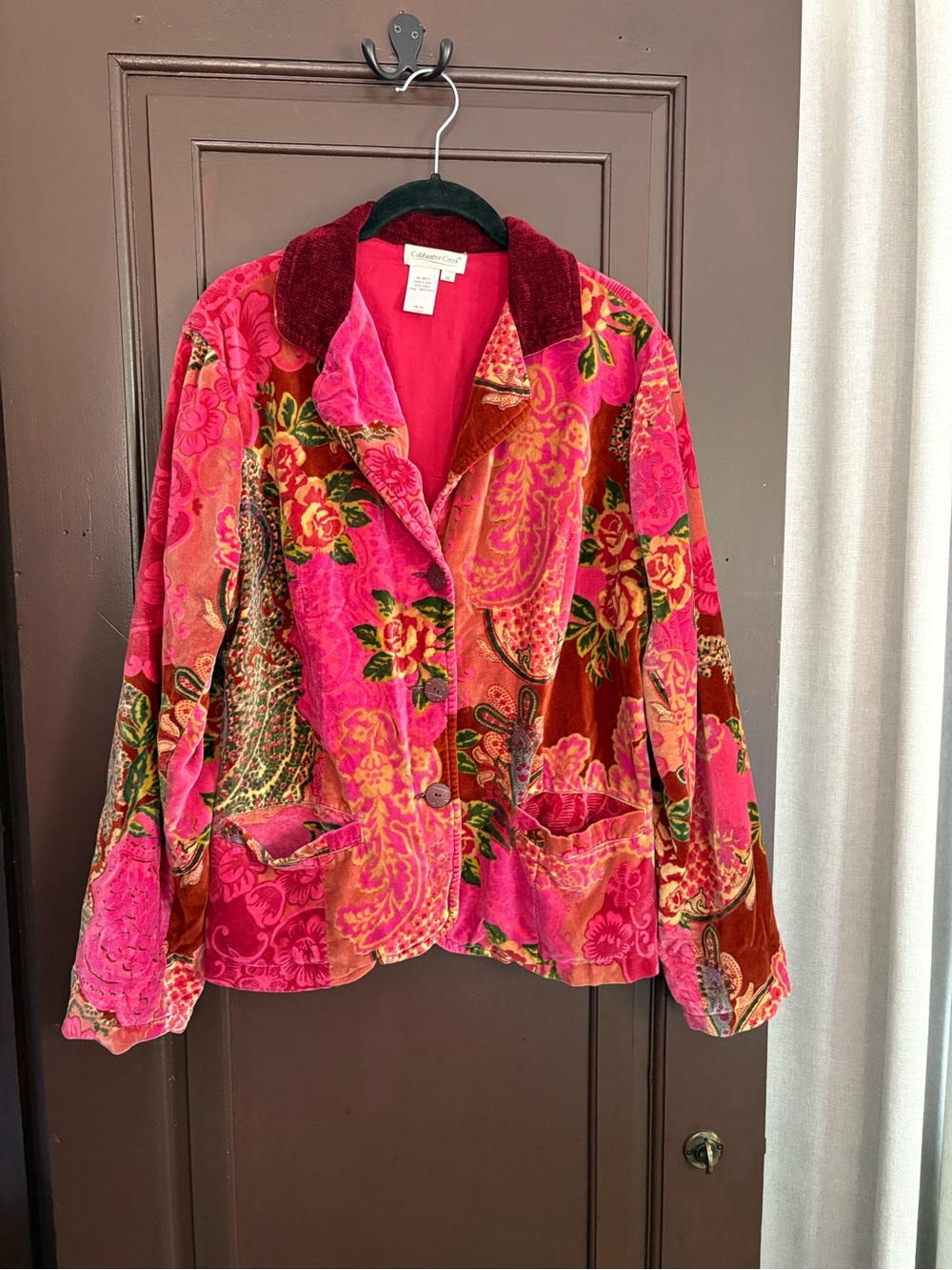 Coldwater creek pink velvet patchwork floral jacket boho artsy cotton size M